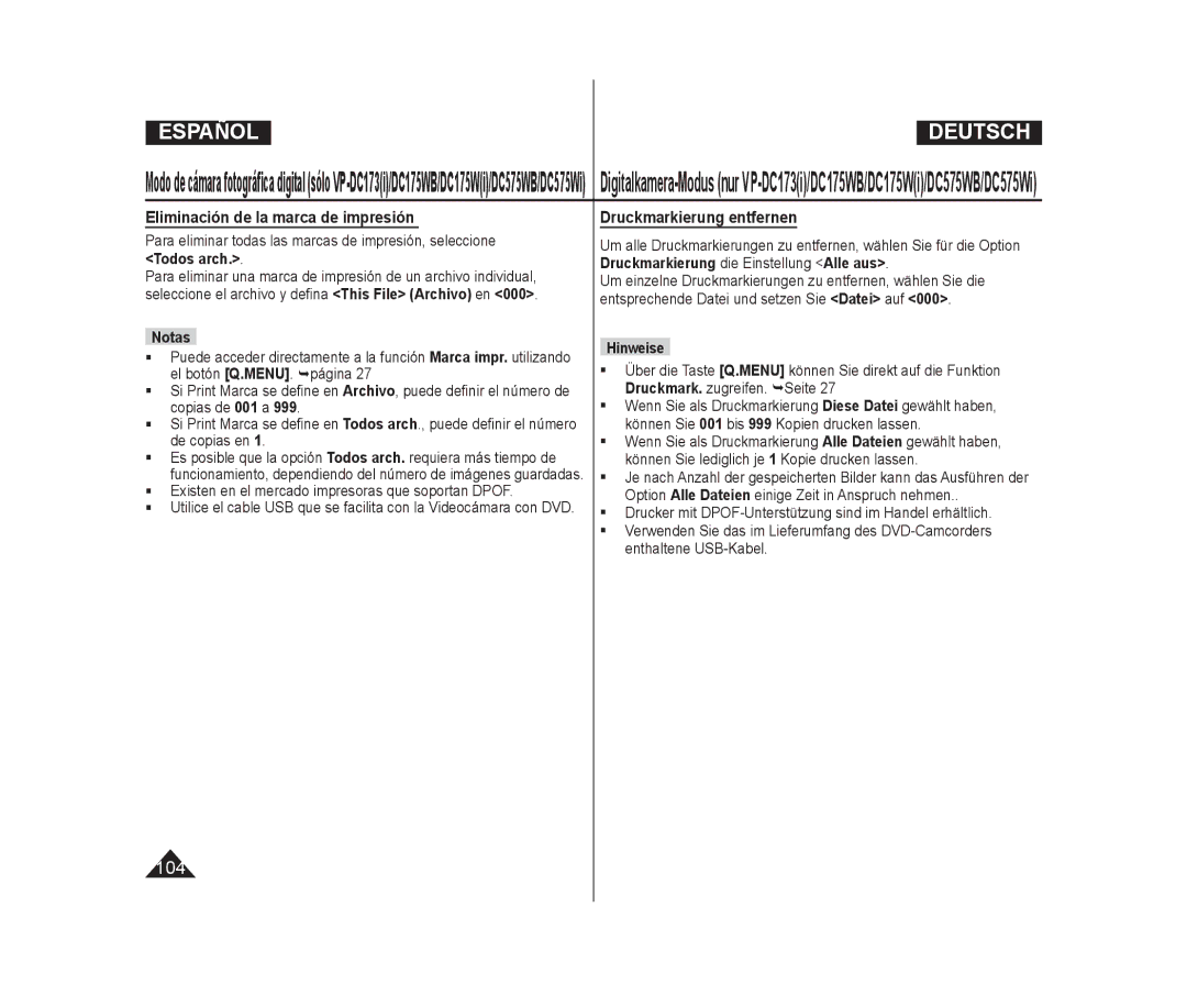 Samsung VP-DC171/XEE, VP-DC175WB/XEF manual Eliminación de la marca de impresión, Druckmarkierung entfernen, Todos arch 