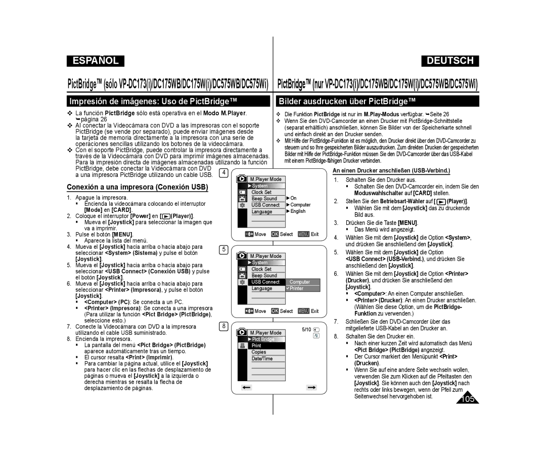 Samsung VP-DC175WB/XEO, VP-DC175WB/XEF manual Bilder ausdrucken über PictBridge, Impresión de imágenes Uso de PictBridge 