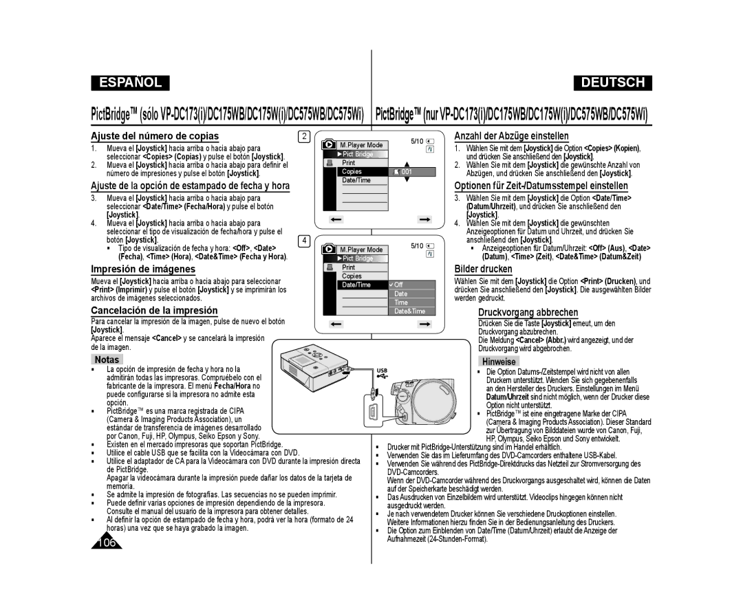 Samsung VP-DC173/XEE manual Ajuste del número de copias Anzahl der Abzüge einstellen, Impresión de imágenes, Bilder drucken 