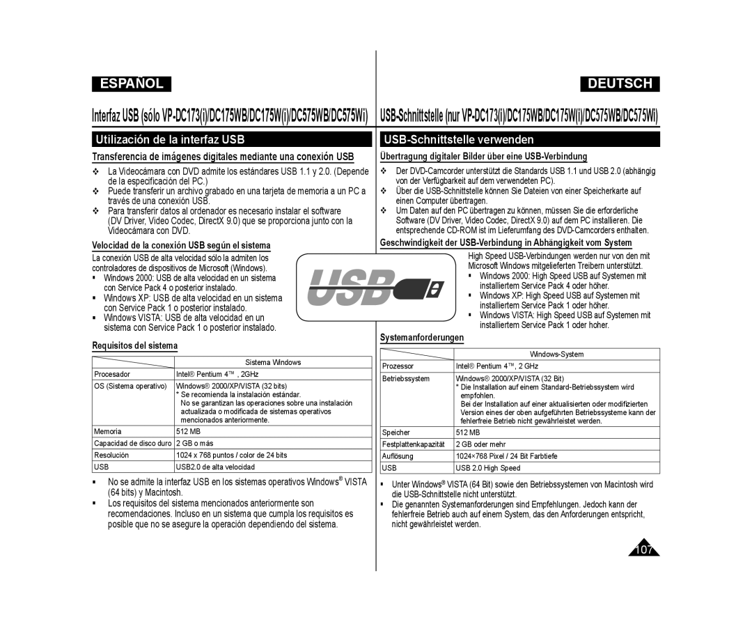 Samsung VP-DC171/XEO, VP-DC175WB/XEF, VP-DC171/XEF, VP-DC173/XEF Utilización de la interfaz USB USB-Schnittstelle verwenden 