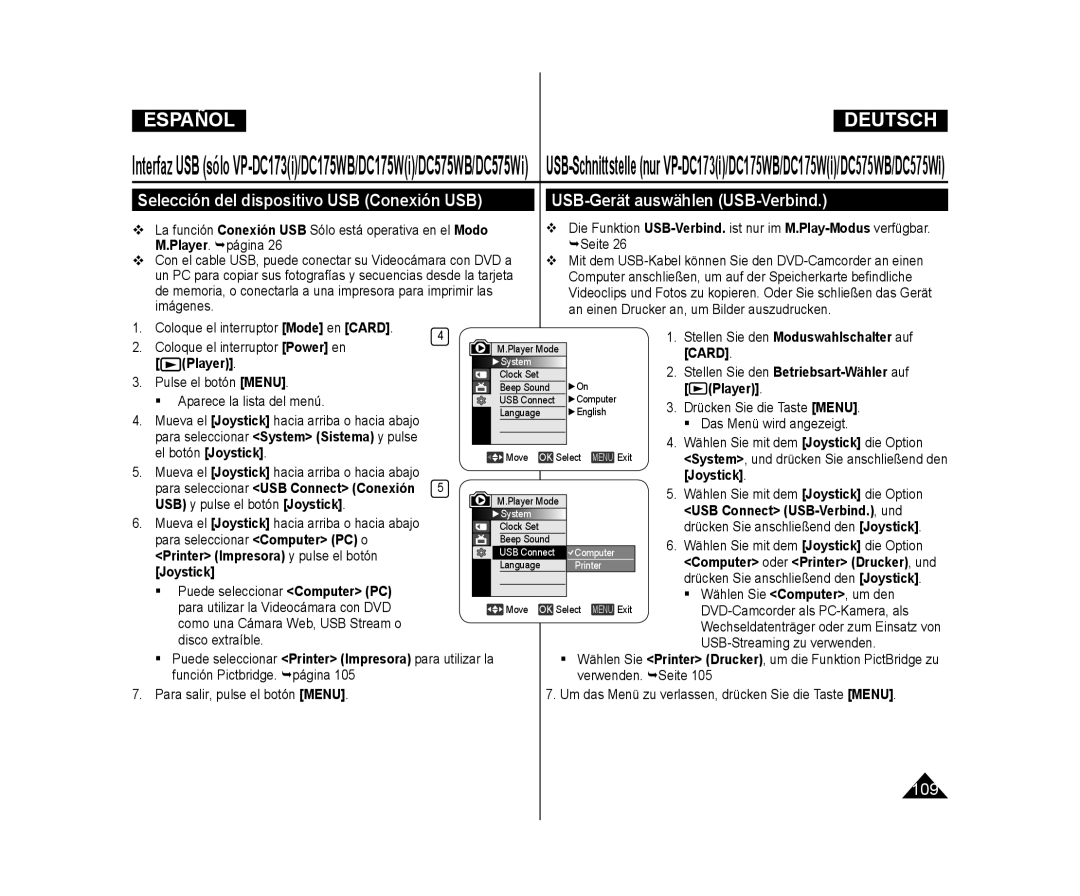 Samsung VP-DC173/XEO, VP-DC175WB/XEF manual Selección del dispositivo USB Conexión USB, USB-Gerät auswählen USB-Verbind 