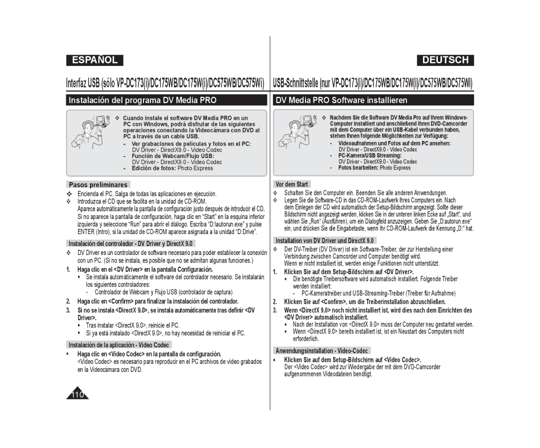 Samsung VP-DC175WB/XEF, VP-DC171/XEF Pasos preliminares, Instalación del controlador DV Driver y DirectX, Vor dem Start 