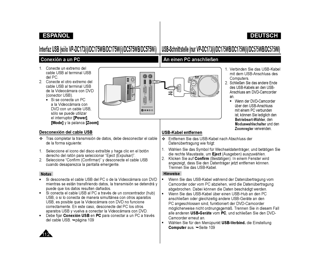 Samsung VP-DC173/XEF manual Conexión a un PC, An einen PC anschließen, Desconexión del cable USB USB-Kabel entfernen 