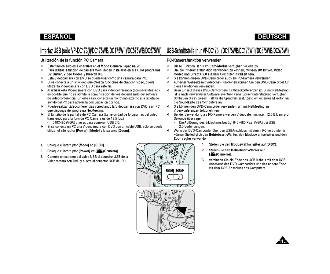 Samsung VP-DC171W/XEF, VP-DC175WB/XEF, VP-DC171/XEF manual Utilización de la función PC Camera, PC-Kamerafunktion verwenden 