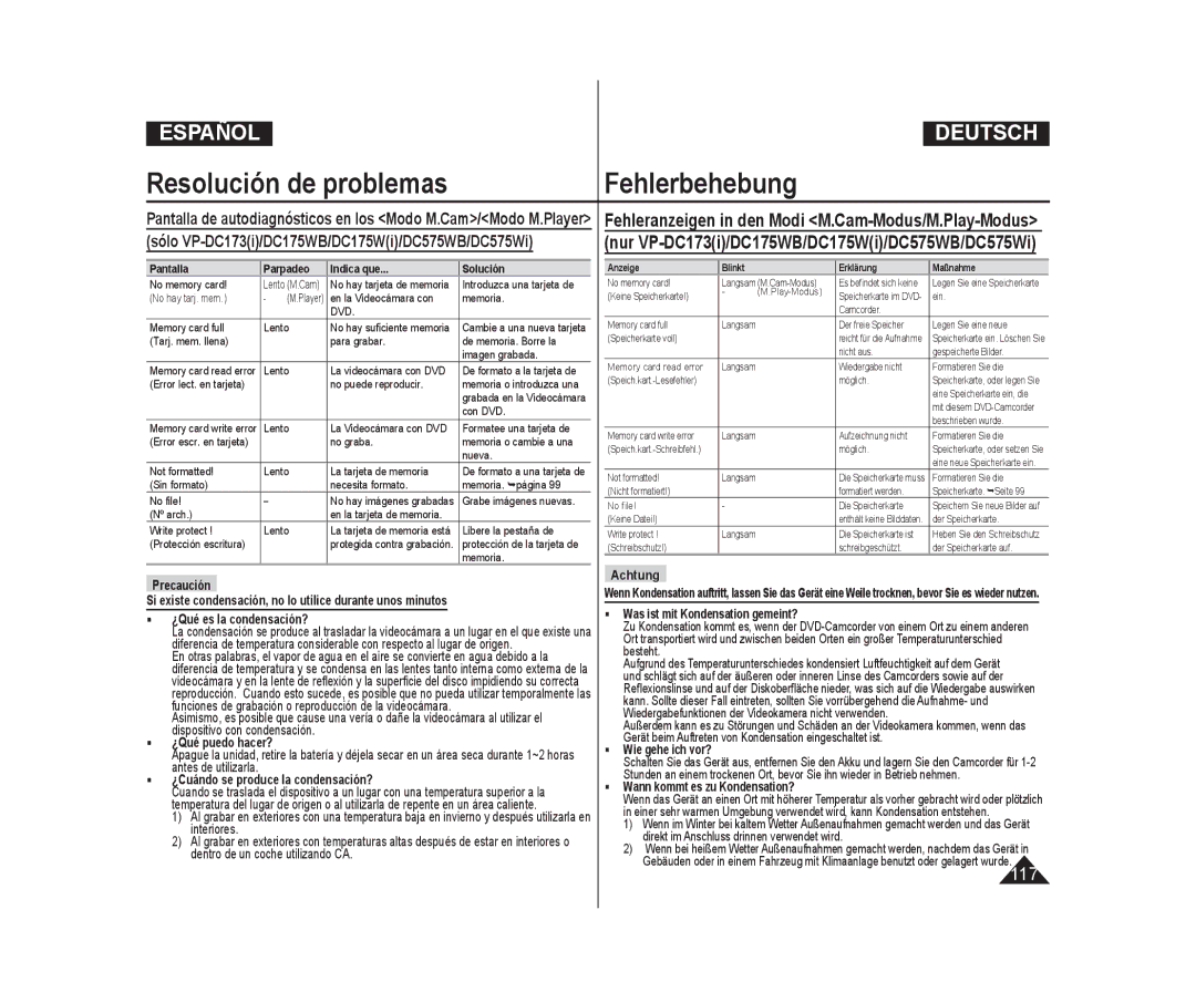 Samsung VP-DC173/XEE manual  ¿Qué puedo hacer?,  ¿Cuándo se produce la condensación?,  Was ist mit Kondensation gemeint? 