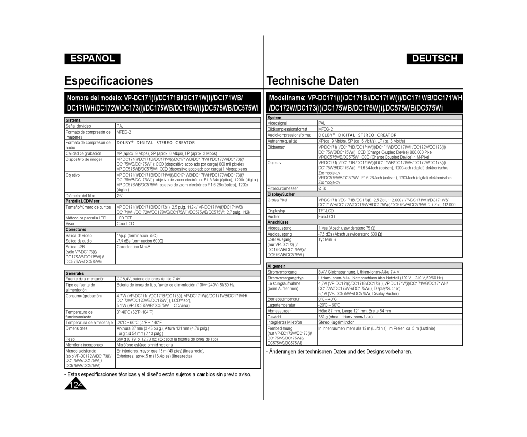 Samsung VP-DC171W/XEF, VP-DC175WB/XEF, VP-DC171/XEF, VP-DC173/XEF, VP-DC171W/XEO manual Especiﬁcaciones Technische Daten 