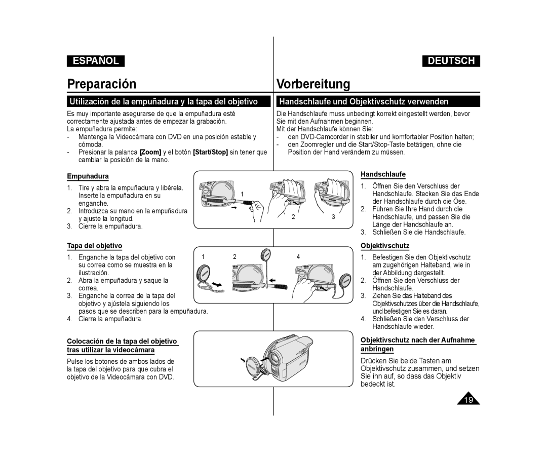 Samsung VP-DC171/XEO manual Handschlaufe und Objektivschutz verwenden, Utilización de la empuñadura y la tapa del objetivo 