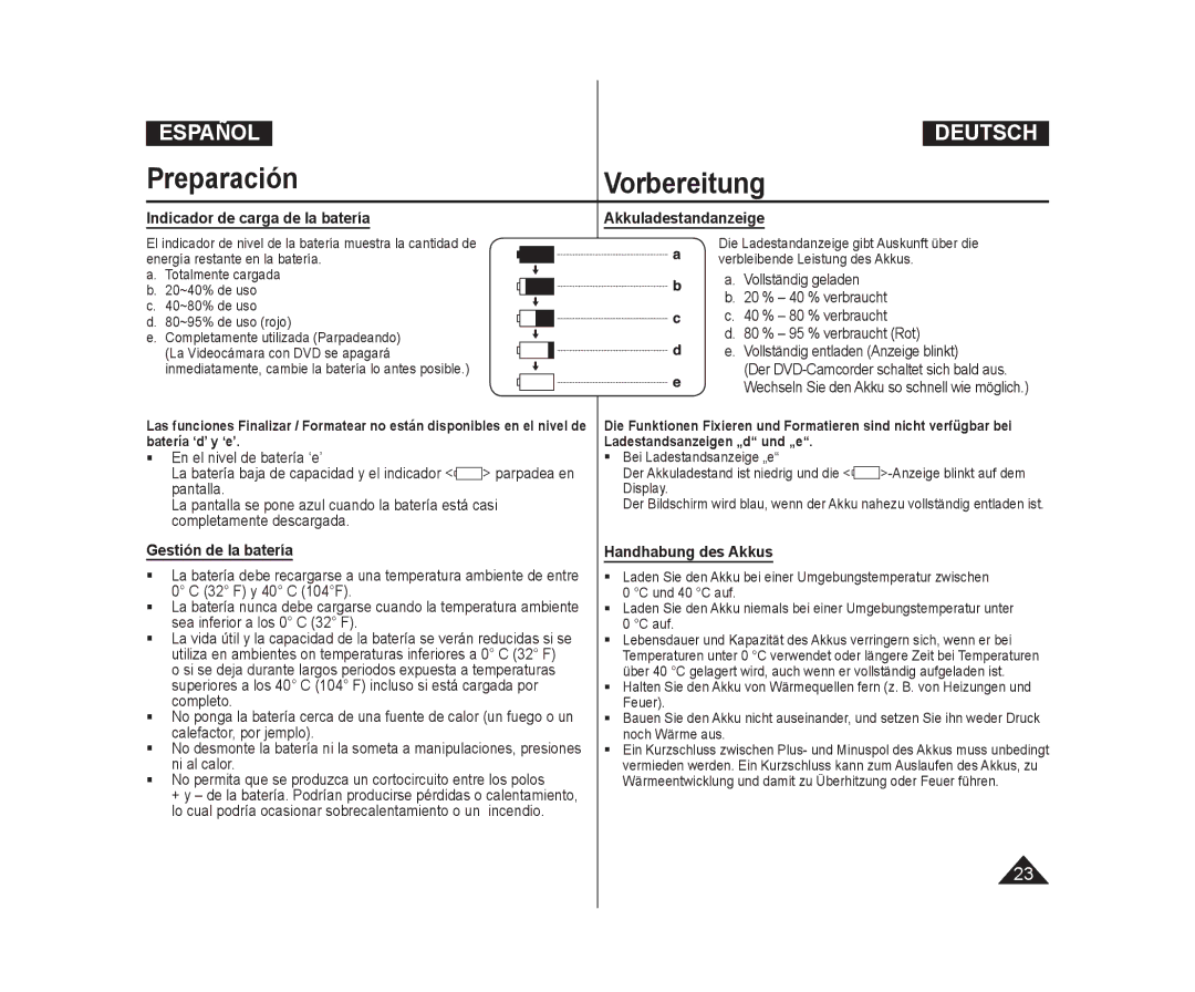 Samsung VP-DC171/XEF Indicador de carga de la batería Akkuladestandanzeige, Gestión de la batería, Handhabung des Akkus 