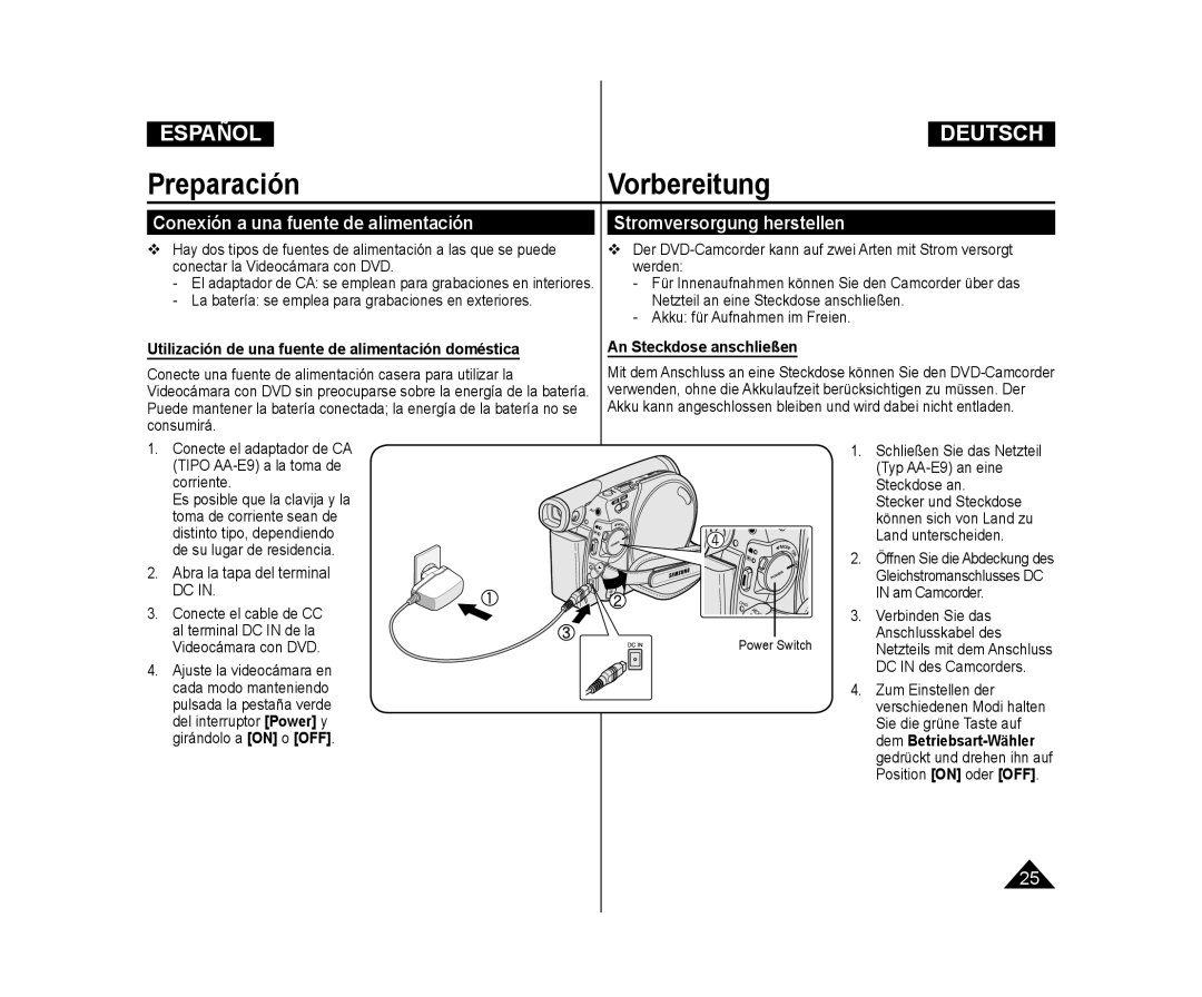 Samsung VP-DC171W/XEF manual Conexión a una fuente de alimentación, Stromversorgung herstellen, An Steckdose anschließen 