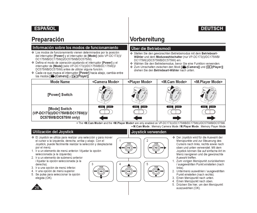 Samsung VP-DC171W/XEO, VP-DC175WB/XEF, VP-DC171/XEF Über die Betriebsmodi, Utilización del Joystick, Joystick verwenden 