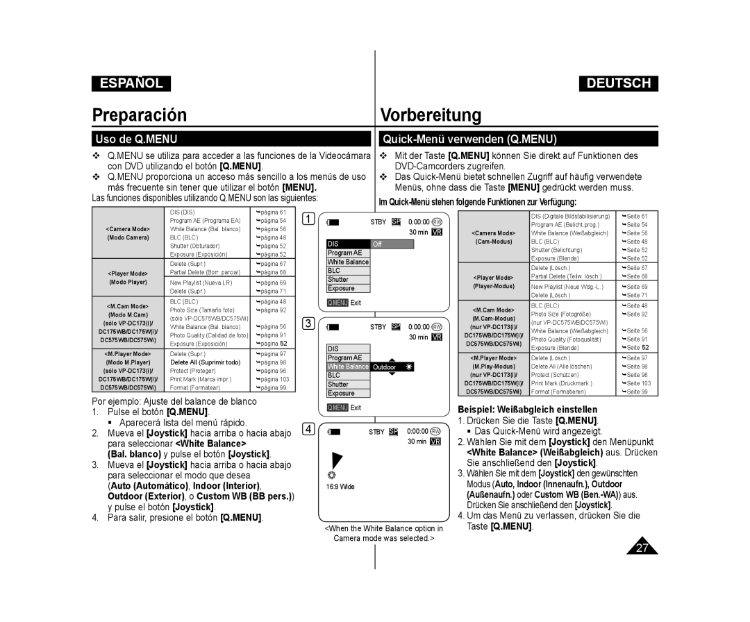 Samsung VP-DC171/XEE Uso de Q.MENU Quick-Menü verwenden Q.MENU, Im Quick-Menü stehen folgende Funktionen zur Verfügung 