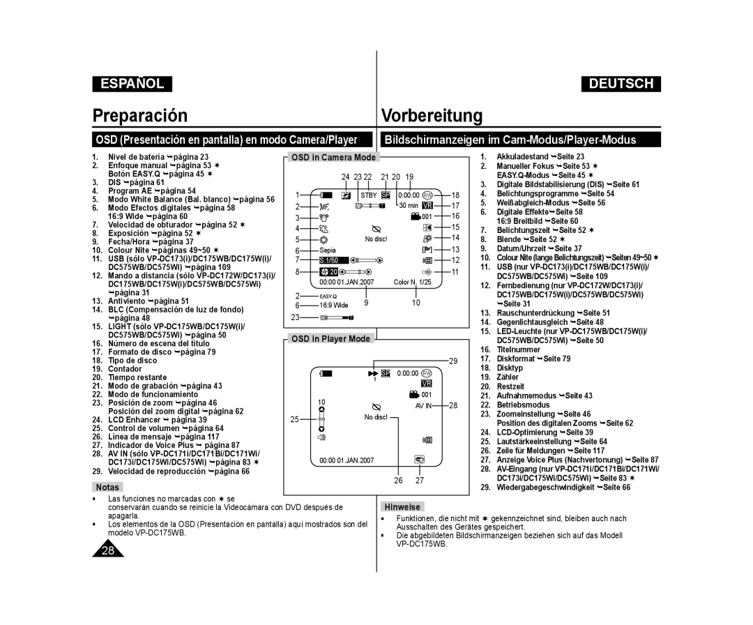 Samsung VP-DC175WB/XEO, VP-DC175WB/XEF, VP-DC171/XEF, VP-DC173/XEF, VP-DC171/XEE Bildschirmanzeigen im Cam-Modus/Player-Modus 