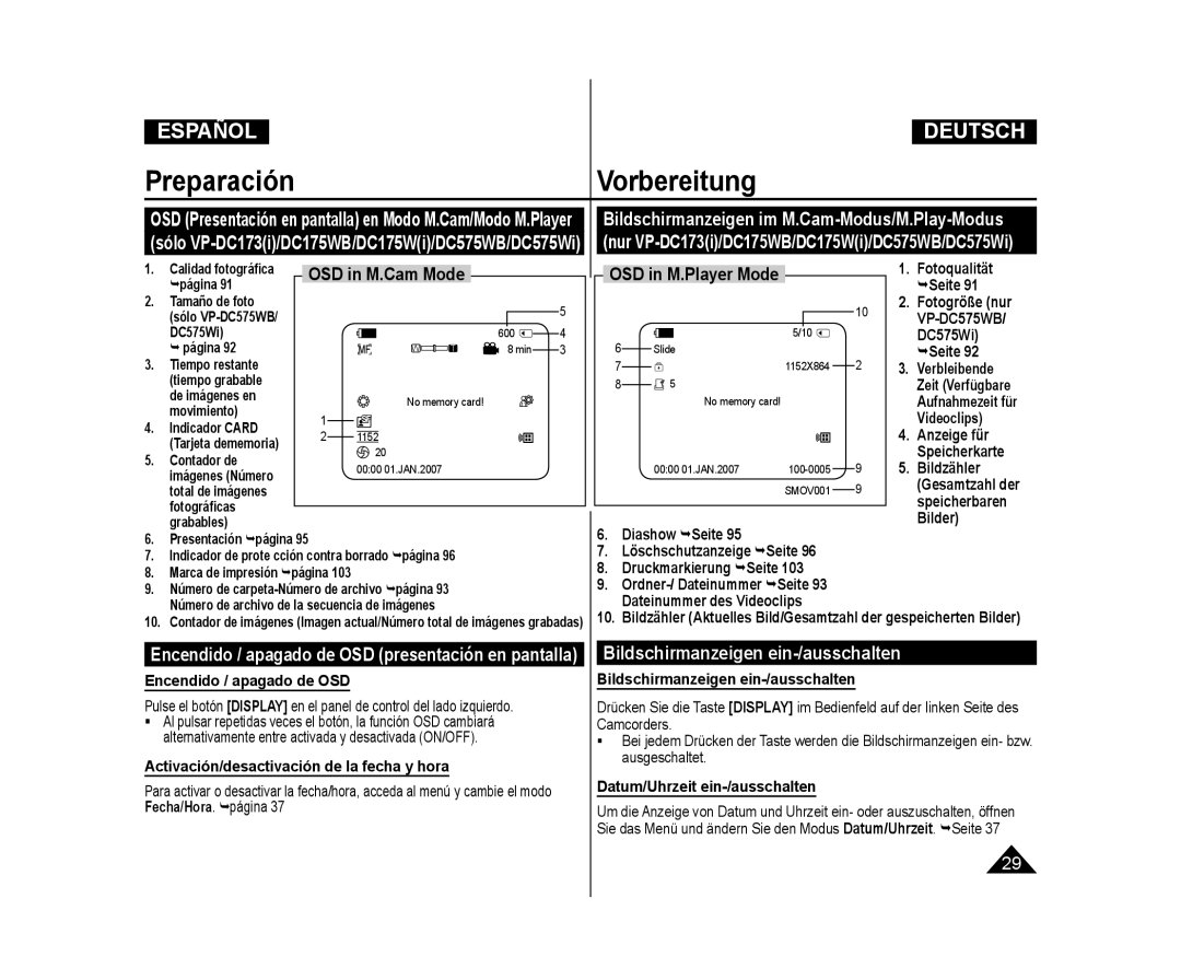 Samsung VP-DC173/XEE, VP-DC175WB/XEF, VP-DC171/XEF, VP-DC173/XEF, VP-DC171W/XEF manual Bildschirmanzeigen ein-/ausschalten 