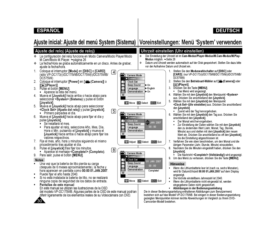 Samsung VP-DC171/XEO, VP-DC175WB/XEF, VP-DC171/XEF, VP-DC173/XEF, VP-DC171W/XEF Ajuste inicial Ajuste del menú System Sistema 