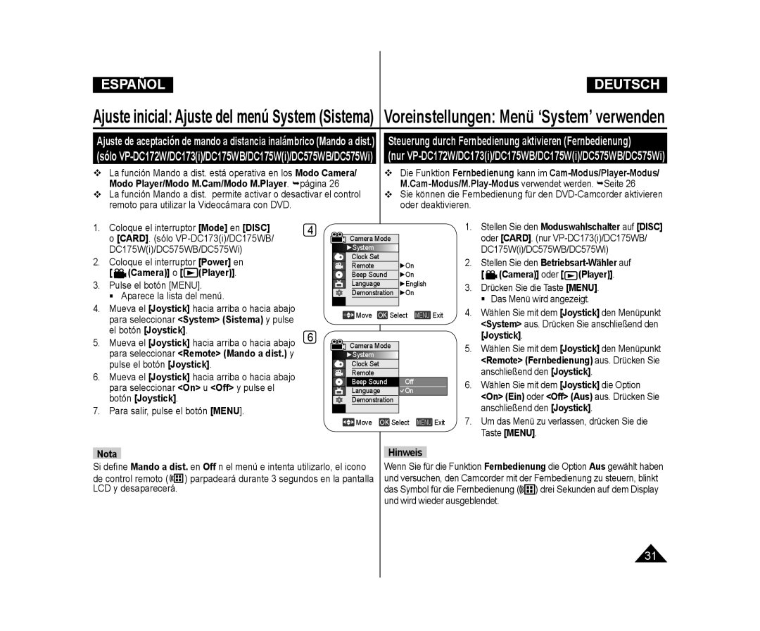 Samsung VP-DC171W/XEE, VP-DC175WB/XEF, VP-DC171/XEF manual Ajuste inicial Ajuste del menú System Sistema, Hinweis, Nota 