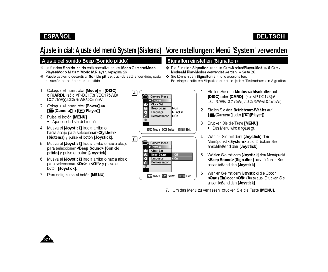 Samsung VP-DC173/XEO, VP-DC175WB/XEF, VP-DC171/XEF Ajuste del sonido Beep Sonido pitido, Signalton einstellen Signalton 