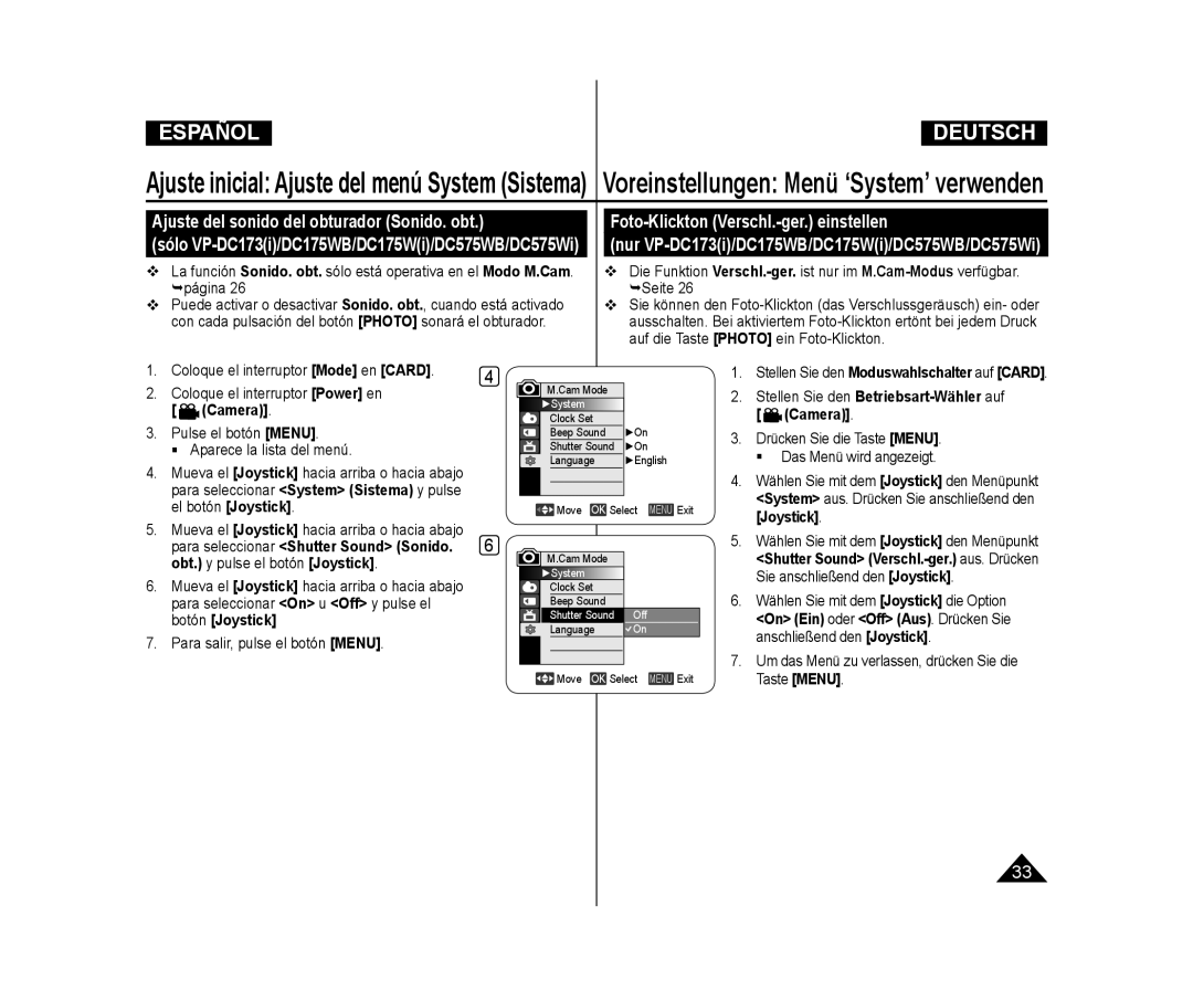 Samsung VP-DC175WB/XEF, VP-DC171/XEF Ajuste del sonido del obturador Sonido. obt, Foto-Klickton Verschl.-ger. einstellen 