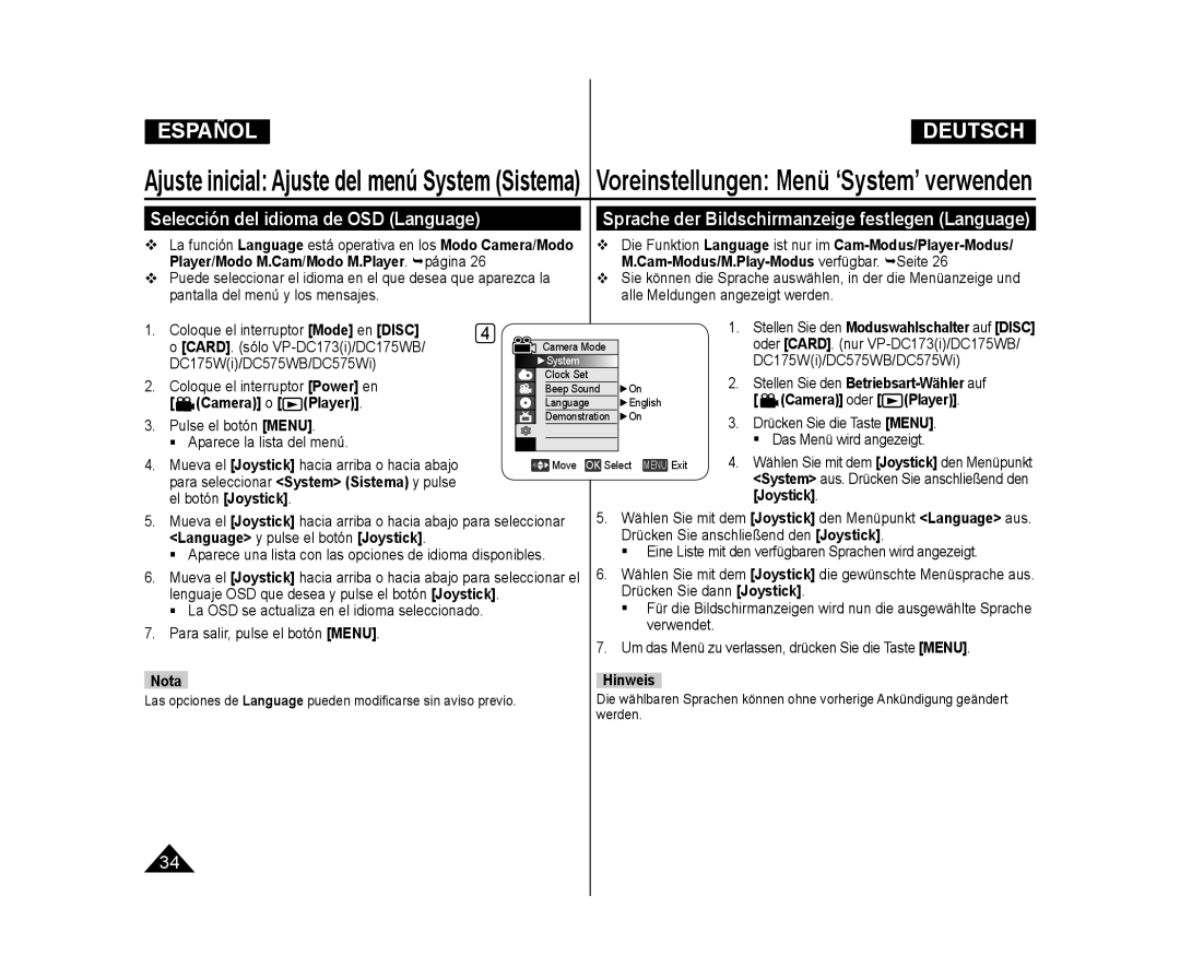 Samsung VP-DC171/XEF manual Selección del idioma de OSD Language, Sprache der Bildschirmanzeige festlegen Language, Hinweis 