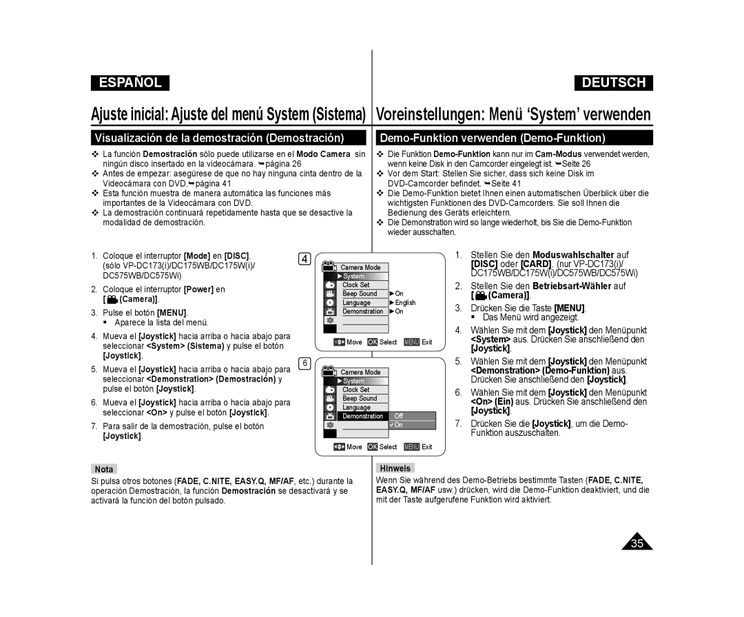 Samsung VP-DC173/XEF, VP-DC175WB/XEF Demo-Funktion verwenden Demo-Funktion, Visualización de la demostración Demostración 