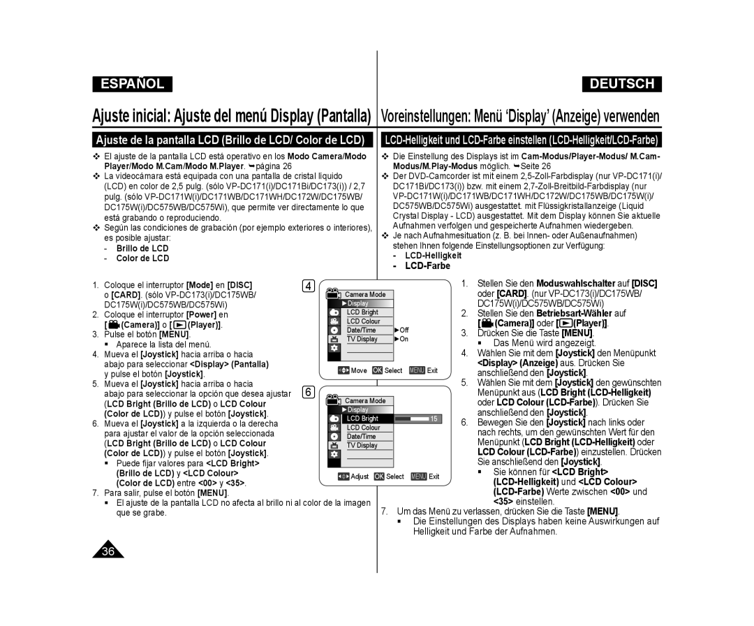 Samsung VP-DC171W/XEF manual Voreinstellungen Menü ‘Display’ Anzeige verwenden, Brillo de LCD, Color de LCD LCD-Helligkeit 