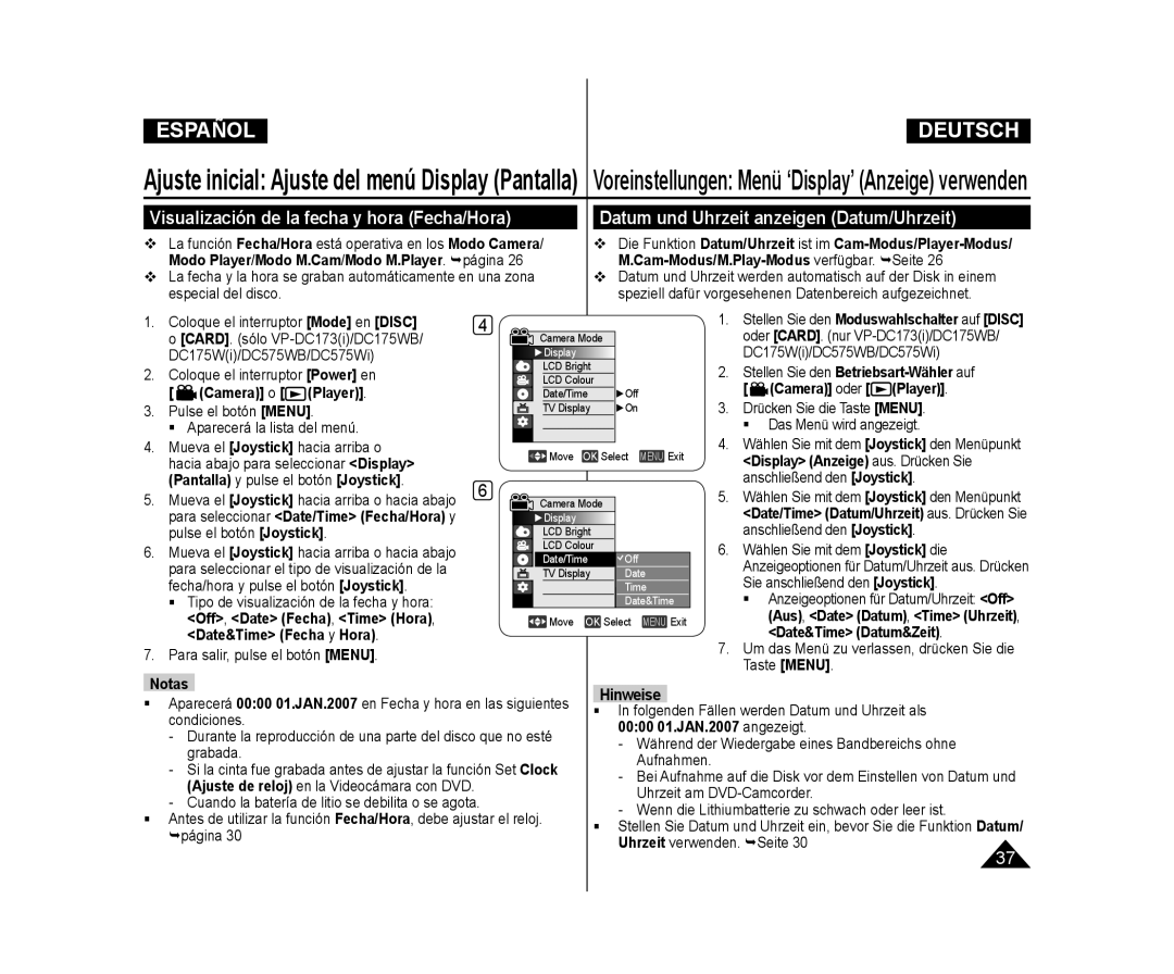 Samsung VP-DC171W/XEO, VP-DC171/XEF Visualización de la fecha y hora Fecha/Hora, Datum und Uhrzeit anzeigen Datum/Uhrzeit 