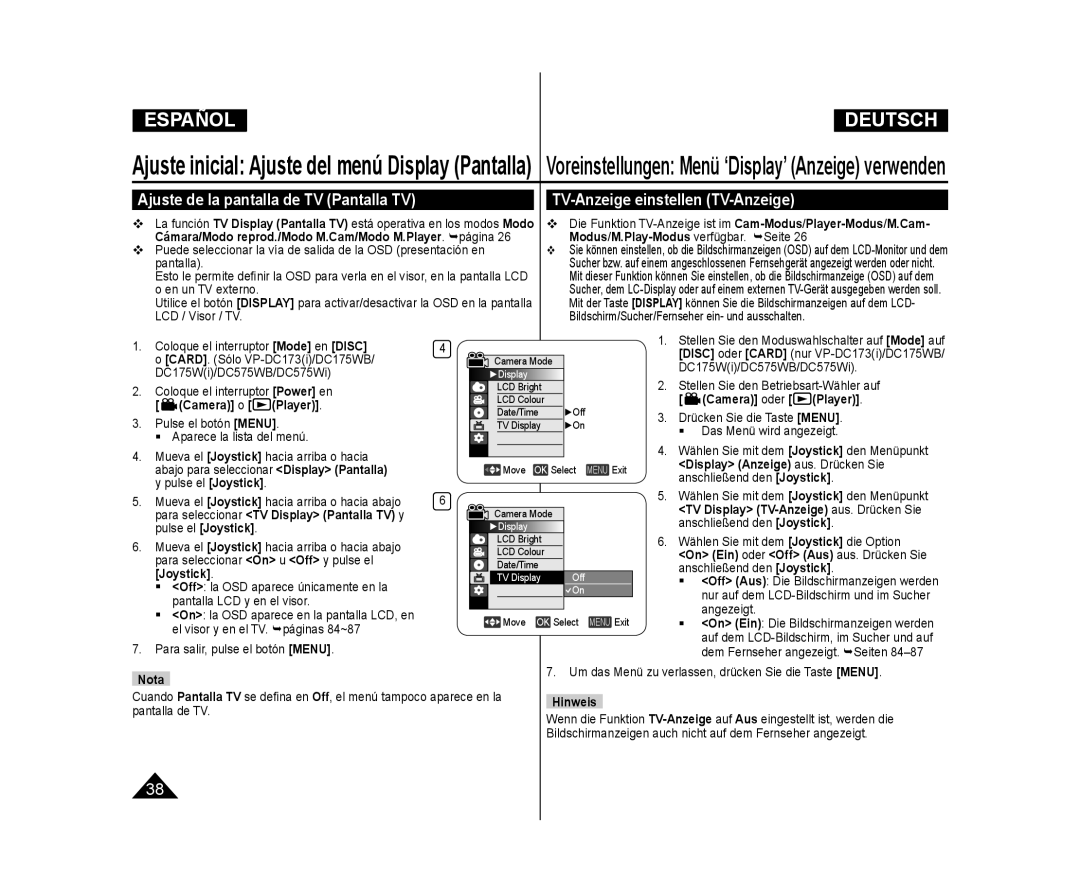 Samsung VP-DC171/XEE manual Ajuste de la pantalla de TV Pantalla TV, TV-Anzeige einstellen TV-Anzeige, TV Display Move 