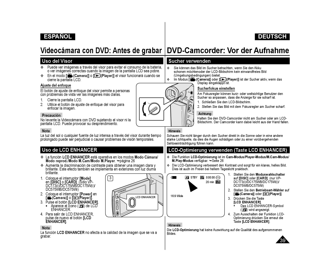 Samsung VP-DC175WB/XEO Uso del Visor, Sucher verwenden, Uso de LCD Enhancer, LCD-Optimierung verwenden Taste LCD Enhancer 