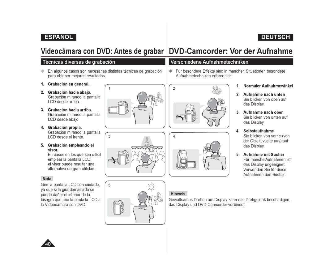 Samsung VP-DC173/XEE, VP-DC175WB/XEF, VP-DC171/XEF manual Técnicas diversas de grabación, Verschiedene Aufnahmetechniken 