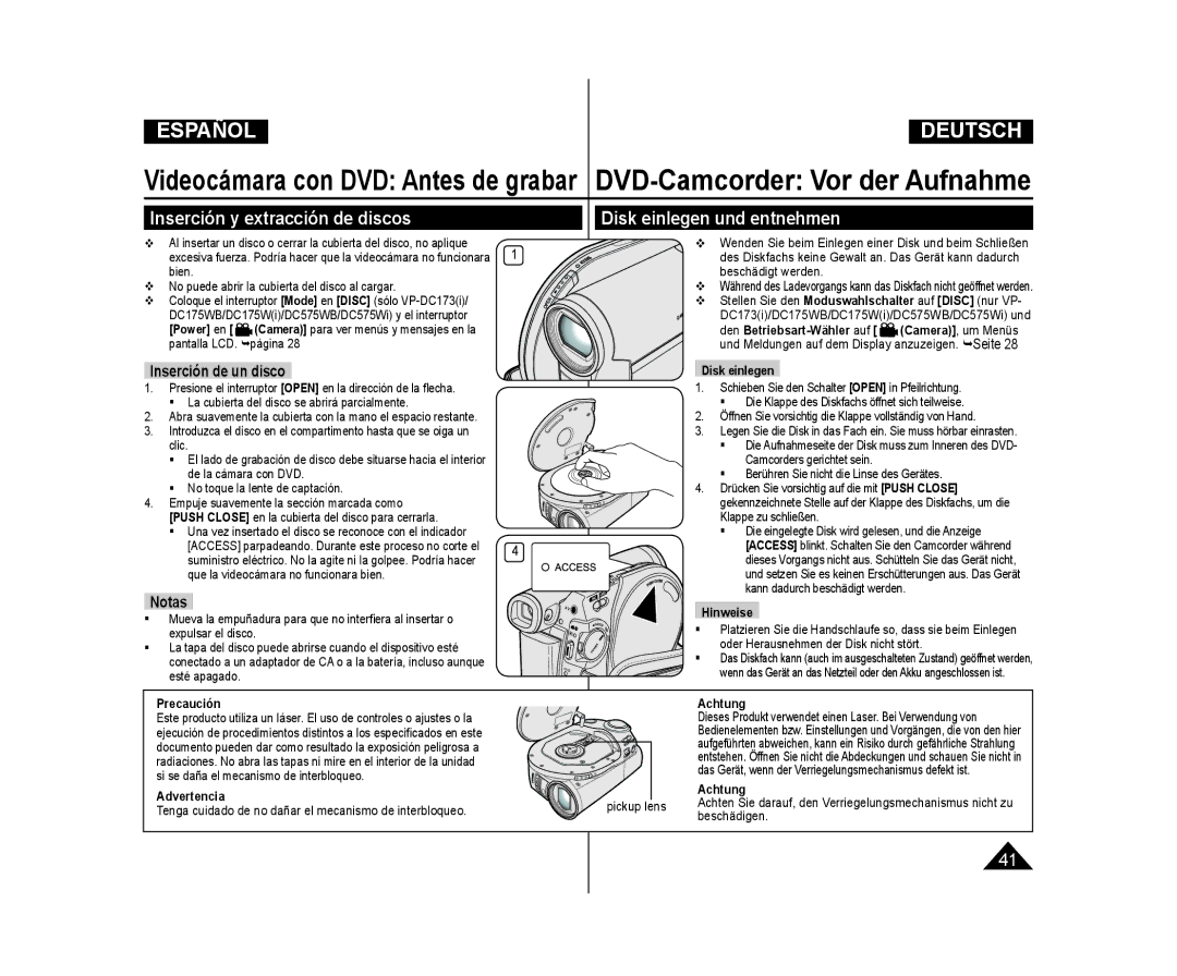 Samsung VP-DC171/XEO, VP-DC175WB/XEF Inserción y extracción de discos, Disk einlegen und entnehmen, Inserción de un disco 