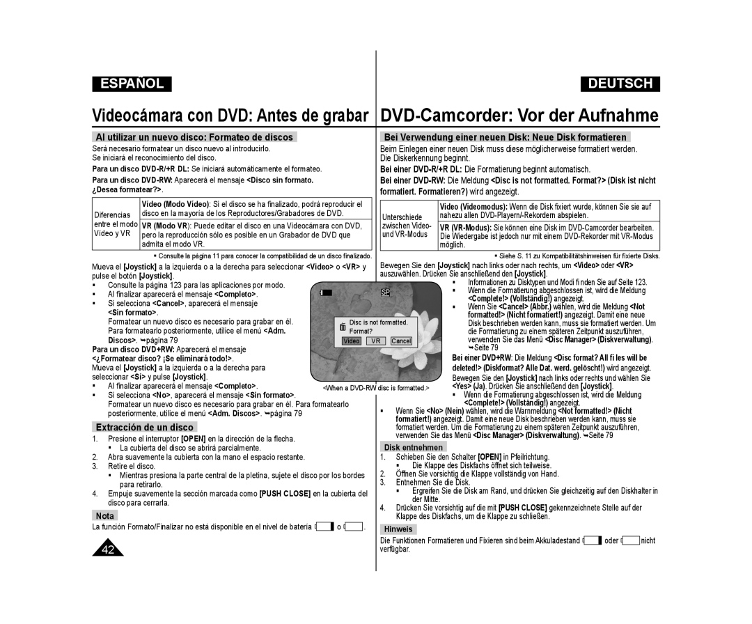 Samsung VP-DC171W/XEE, VP-DC175WB/XEF, VP-DC171/XEF, VP-DC173/XEF, VP-DC171/XEE Al utilizar un nuevo disco Formateo de discos 