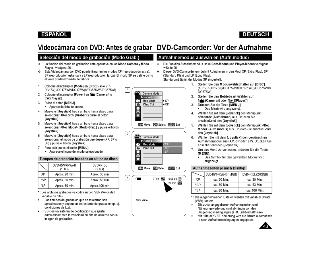 Samsung VP-DC173/XEO, VP-DC175WB/XEF manual Selección del modo de grabación Modo Grab, Aufnahmemodus auswählen Aufn.modus 