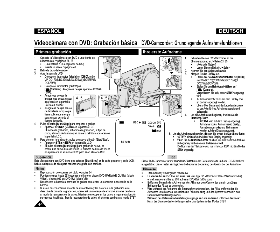 Samsung VP-DC175WB/XEF Primera grabación Ihre erste Aufnahme, DVD-Camcorder Grundlegende Aufnahmefunktionen, Sugerencia 