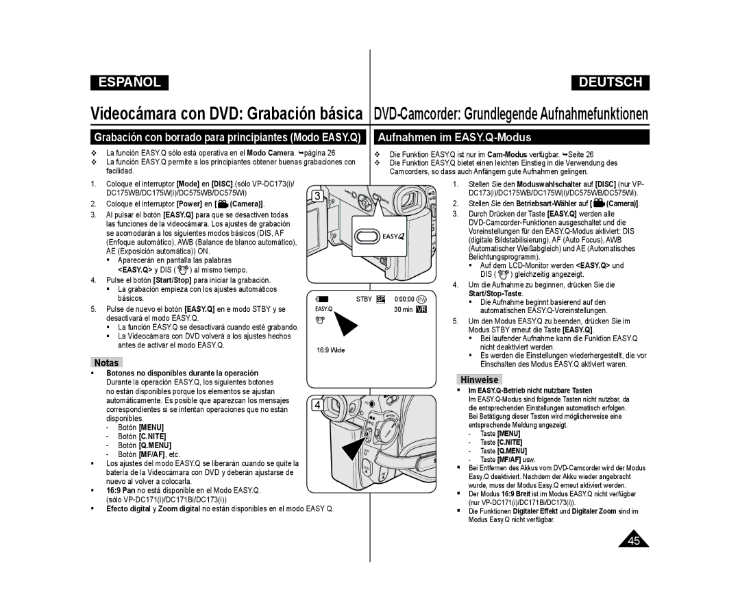 Samsung VP-DC171/XEF Aufnahmen im EASY.Q-Modus, DVD-Camcorder Grundlegende Aufnahmefunktionen, Taste C.NITE Taste Q.MENU 