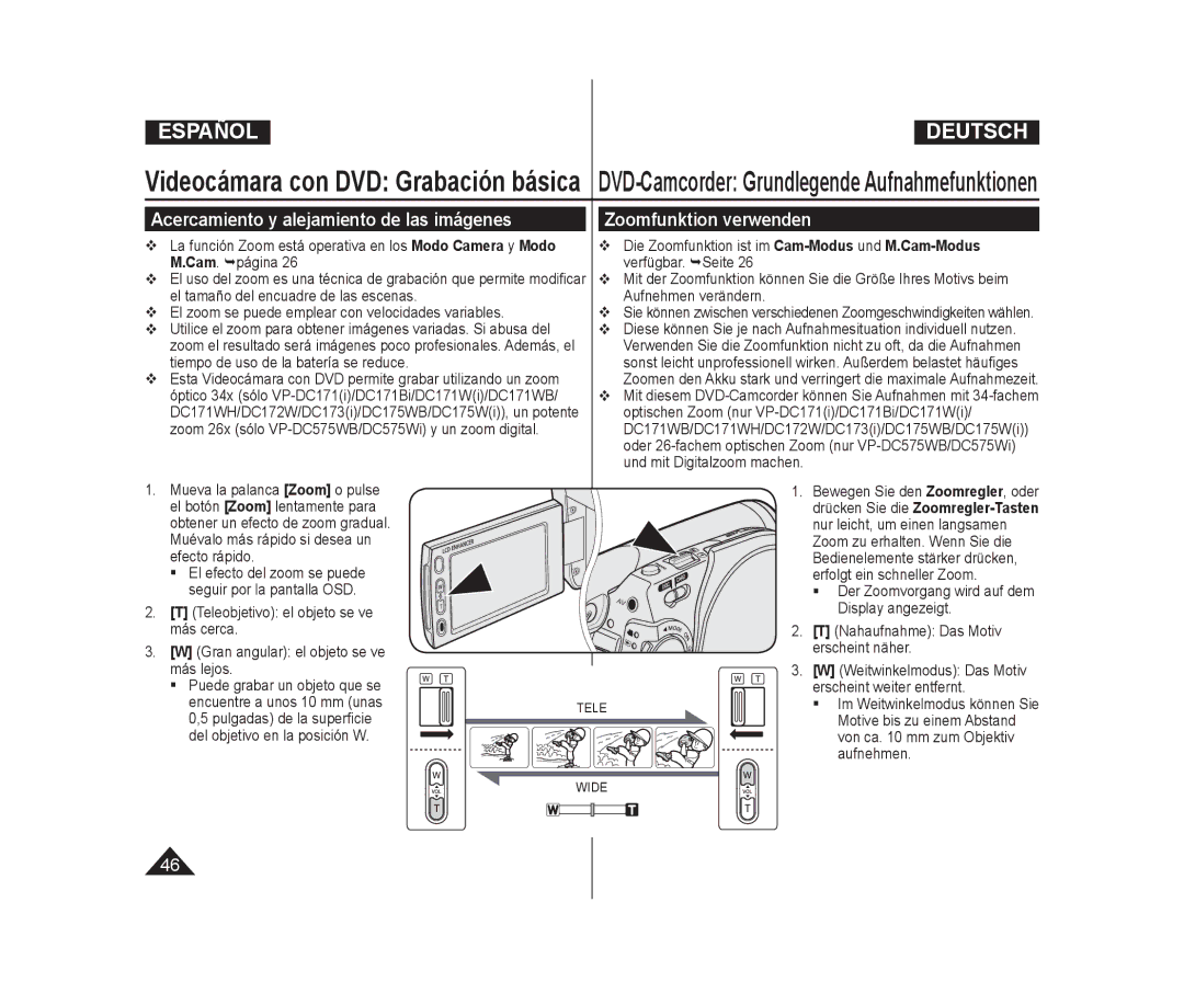 Samsung VP-DC173/XEF manual  Die Zoomfunktion ist im Cam-Modusund M.Cam-Modus, Cam. página Verfügbar. Seite, Aufnehmen 