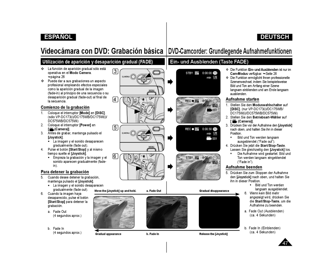 Samsung VP-DC171W/XEF, VP-DC175WB/XEF Ein- und Ausblenden Taste Fade, Utilización de aparición y desaparición gradual Fade 