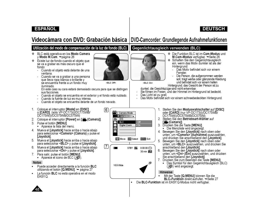 Samsung VP-DC171W/XEO, VP-DC175WB/XEF, VP-DC171/XEF, VP-DC173/XEF, VP-DC171W/XEF manual Gegenlichtausgleich verwenden BLC 