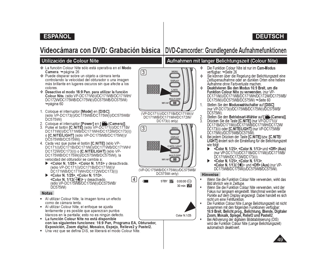 Samsung VP-DC171/XEE, VP-DC175WB/XEF manual Utilización de Colour Nite, Aufnahmen mit langer Belichtungszeit Colour Nite 