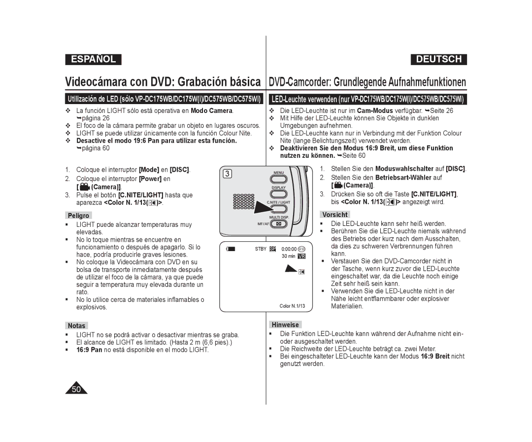 Samsung VP-DC175WB/XEO manual  Desactive el modo 196 Pan para utilizar esta función, página, Vorsicht, Color N.1/13 