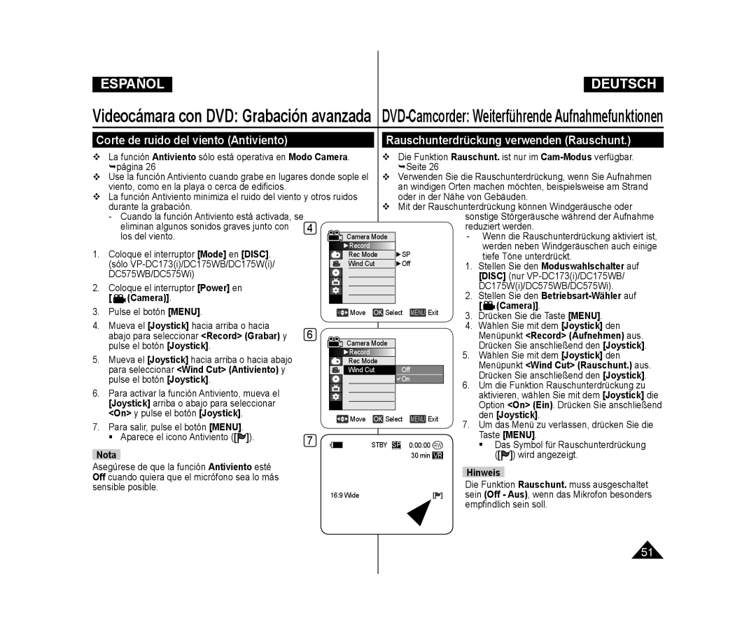 Samsung VP-DC173/XEE manual Rauschunterdrückung verwenden Rauschunt, DVD-Camcorder Weiterführende Aufnahmefunktionen 