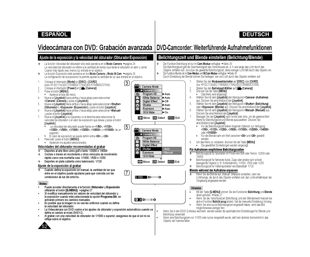 Samsung VP-DC171/XEO, VP-DC175WB/XEF, VP-DC171/XEF, VP-DC173/XEF manual Velocidades del obturador recomendadas al grabar 