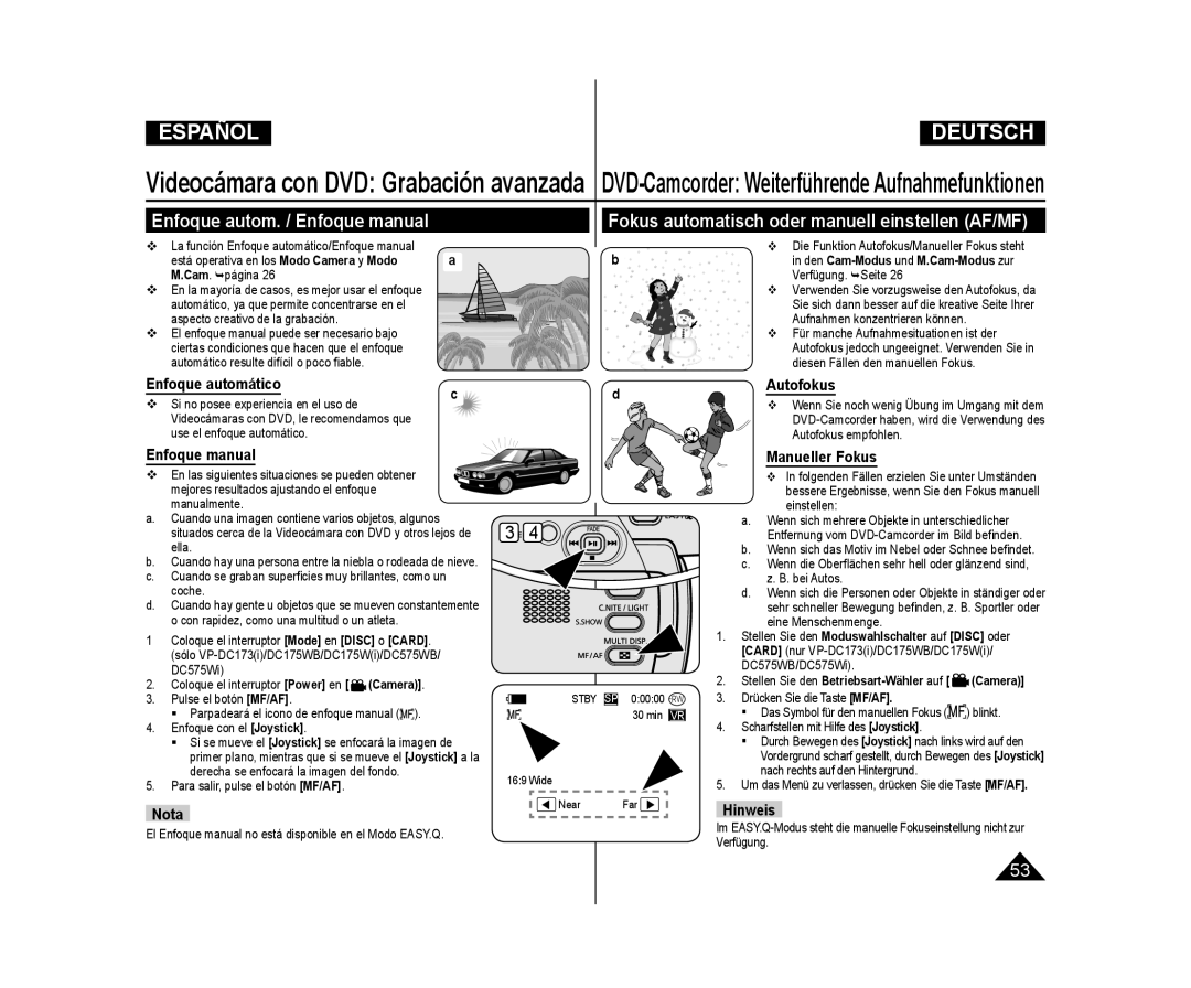 Samsung VP-DC171W/XEE, VP-DC175WB/XEF Enfoque autom. / Enfoque manual, Fokus automatisch oder manuell einstellen AF/MF 