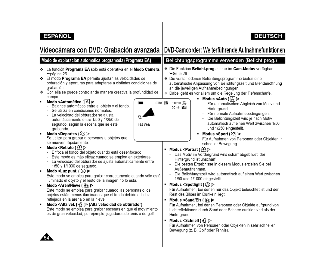 Samsung VP-DC173/XEO, VP-DC175WB/XEF, VP-DC171/XEF, VP-DC173/XEF, VP-DC171W/XEF Belichtungsprogramme verwenden Belicht.prog 