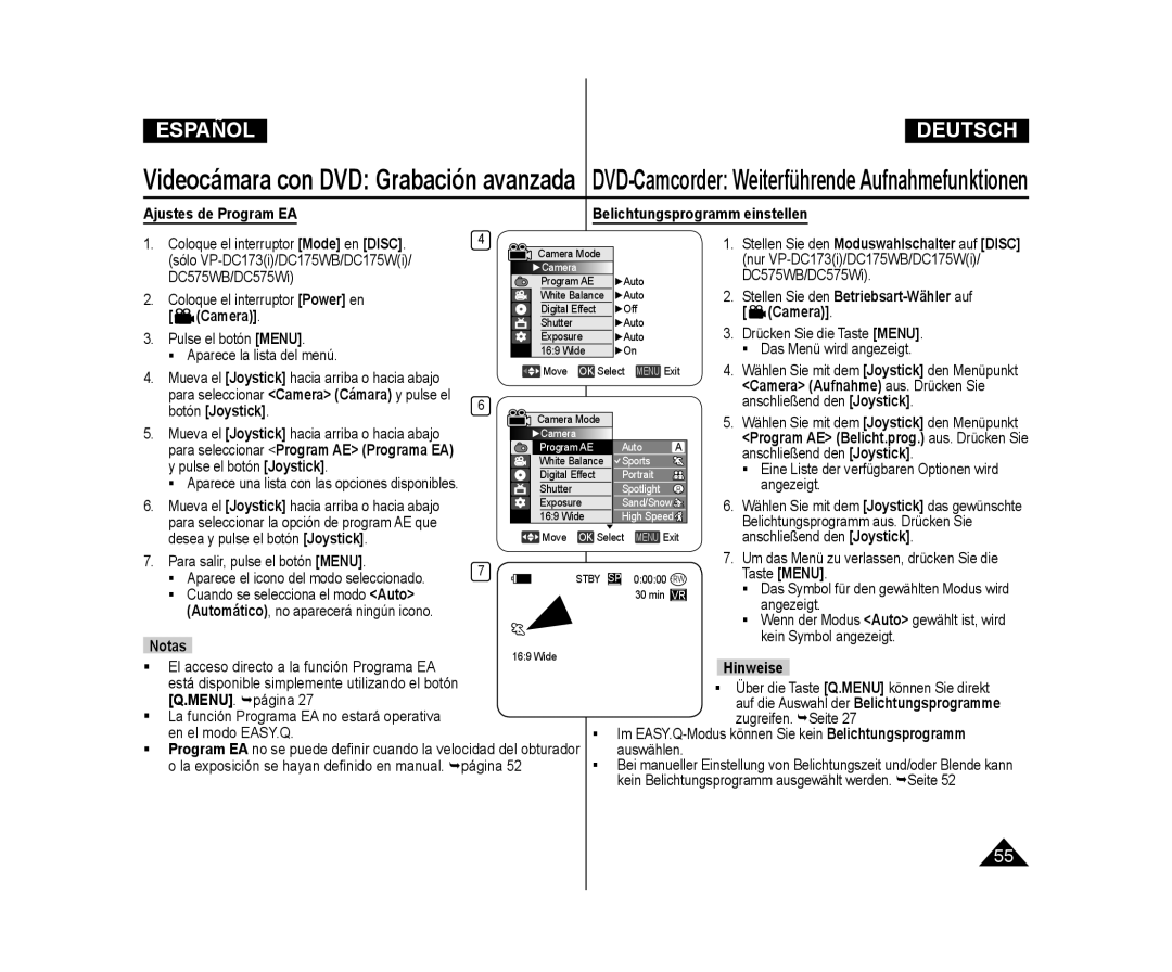 Samsung VP-DC175WB/XEF manual Ajustes de Program EA Belichtungsprogramm einstellen, Camera Aufnahme aus. Drücken Sie 