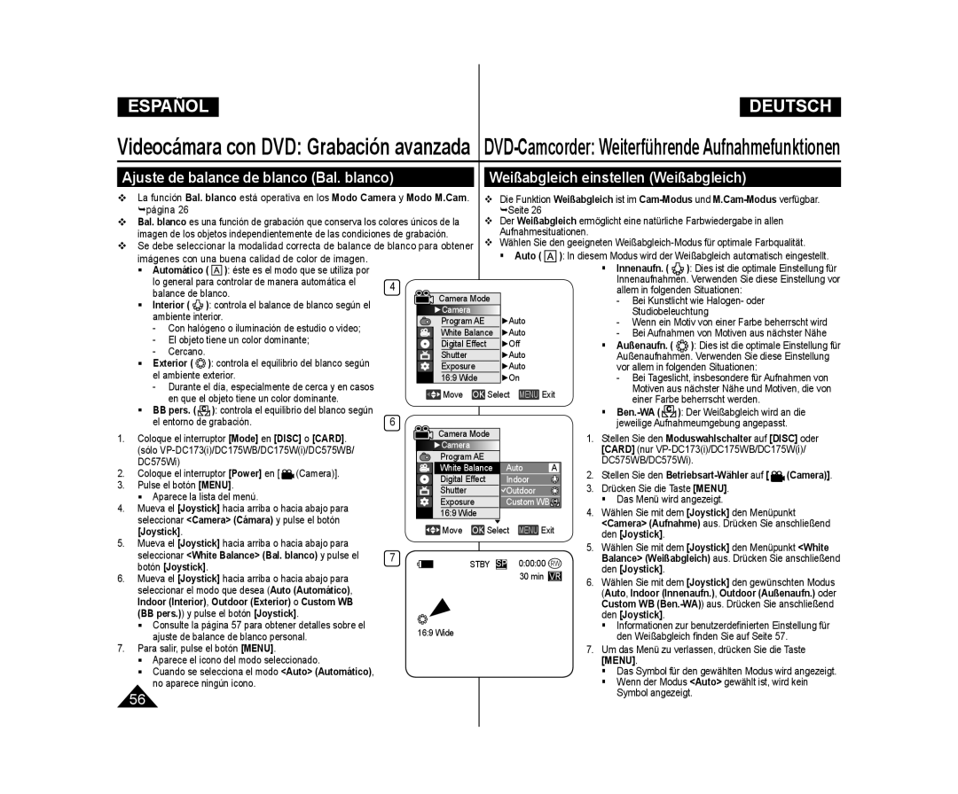 Samsung VP-DC171/XEF, VP-DC175WB/XEF manual Ajuste de balance de blanco Bal. blanco, Weißabgleich einstellen Weißabgleich 