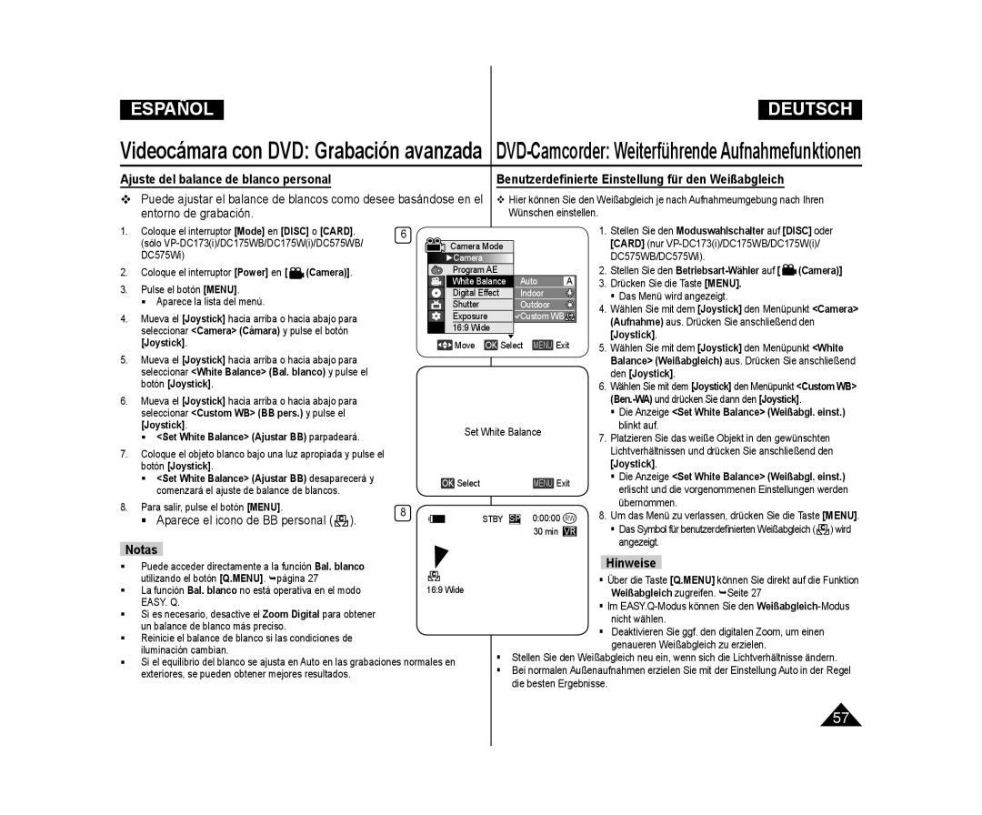 Samsung VP-DC173/XEF manual Ajuste del balance de blanco personal, Benutzerdeﬁnierte Einstellung für den Weißabgleich 