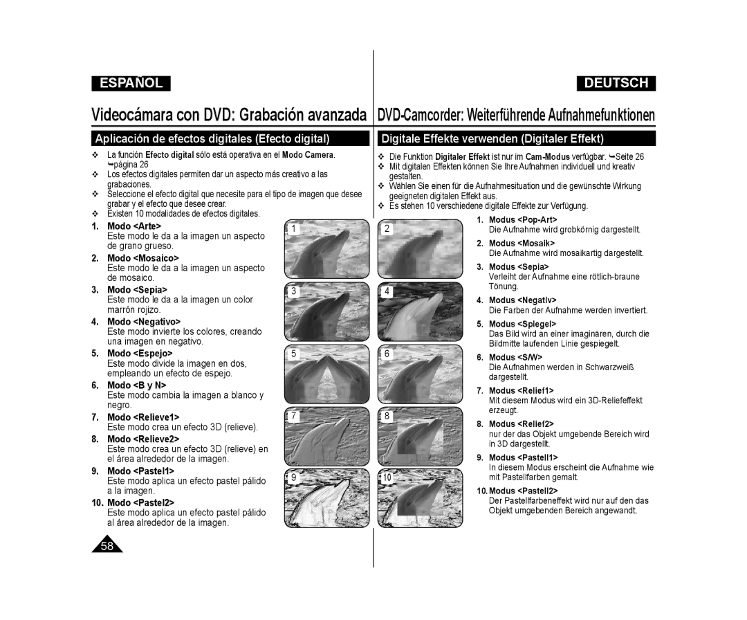 Samsung VP-DC171W/XEF manual Aplicación de efectos digitales Efecto digital, Digitale Effekte verwenden Digitaler Effekt 