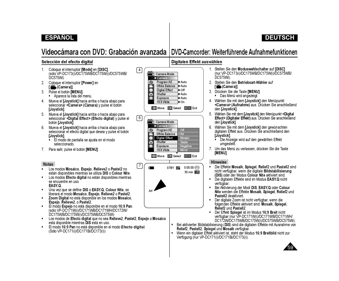 Samsung VP-DC171W/XEO, VP-DC175WB/XEF Selección del efecto digital Digitalen Effekt auswählen, Espejo, Relieve2, o Pastel2 