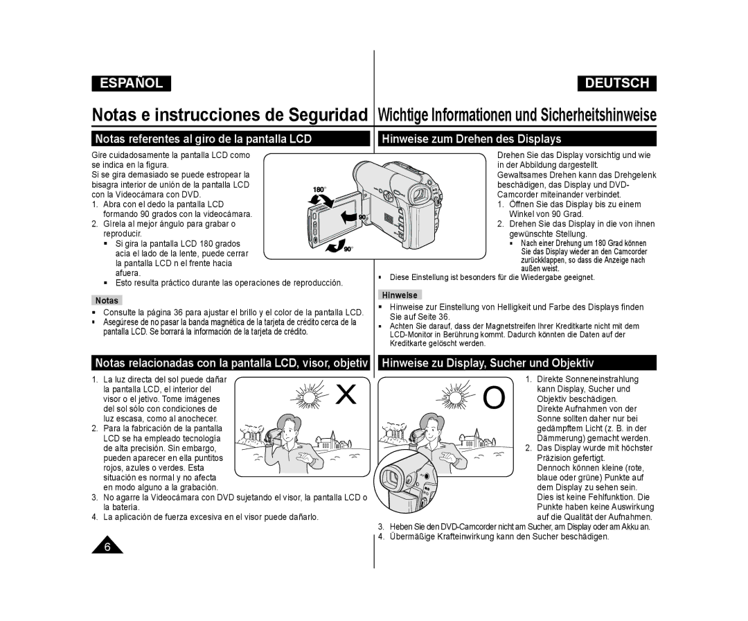 Samsung VP-DC175WB/XEO, VP-DC175WB/XEF manual Notas referentes al giro de la pantalla LCD, Hinweise zum Drehen des Displays 