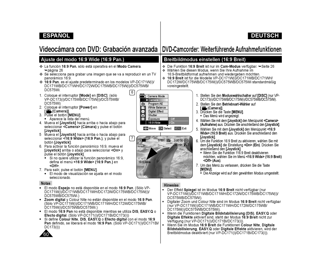 Samsung VP-DC171/XEE, VP-DC175WB/XEF manual Breitbildmodus einstellen 169 Breit, Ajuste del modo 169 Wide 169 Pan, Off Aus 