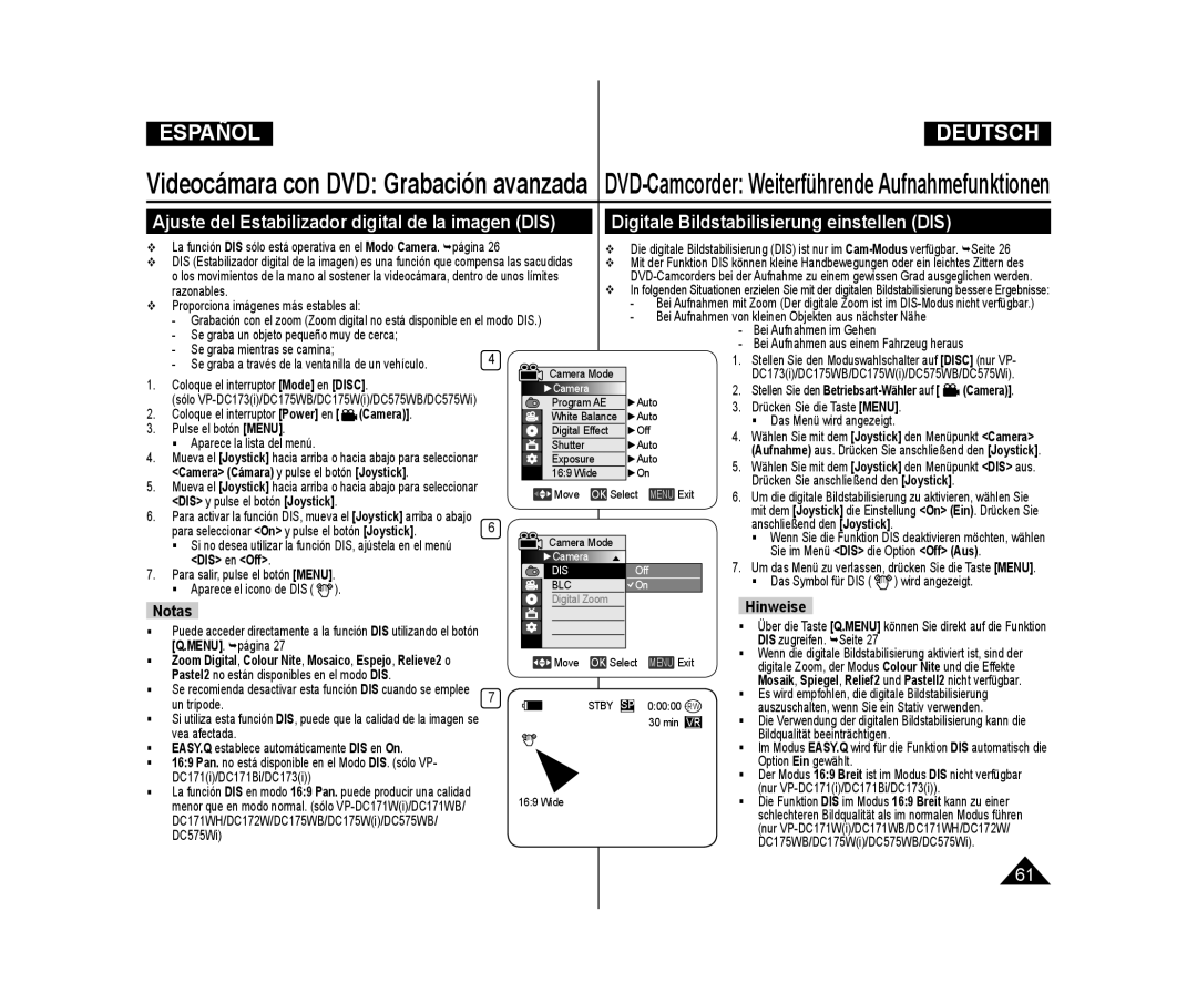 Samsung VP-DC175WB/XEO, VP-DC175WB/XEF, VP-DC171/XEF, VP-DC173/XEF manual Camera Cámara y pulse el botón Joystick, DIS en Off 